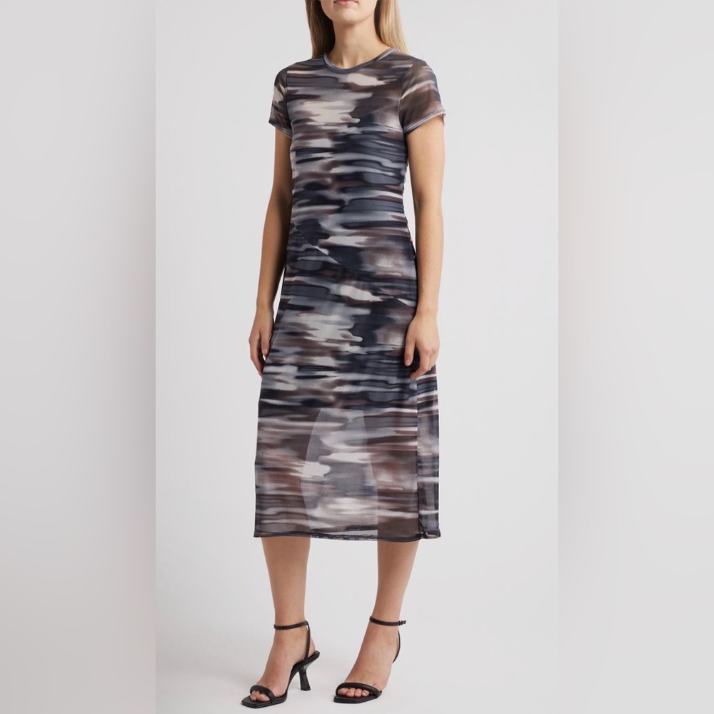 Chelsea28 Gray and Black Printed Mesh Midi Dress